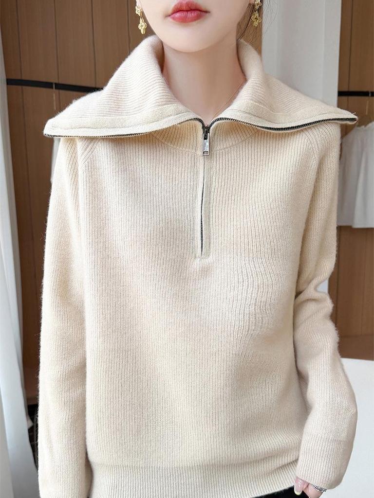 Women's Soft Pure Wool Half-Zip Sweater - Autumn/Winter Loose Knit Design