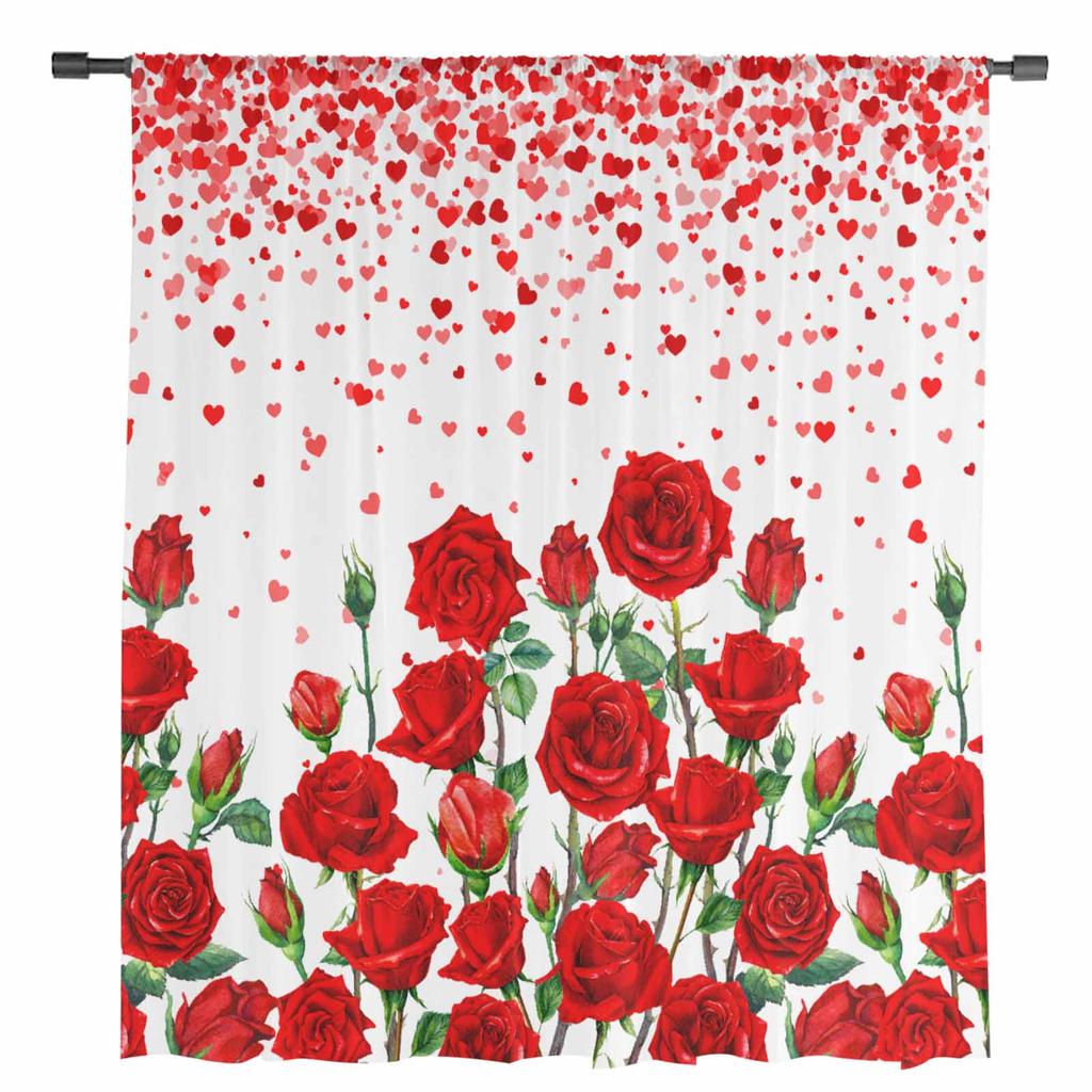 Valentine'S Day Hearts Red Roses Sheer Curtains for Living Room Decoration Window Curtains Kitchen Tulle Voile Organza Curtains