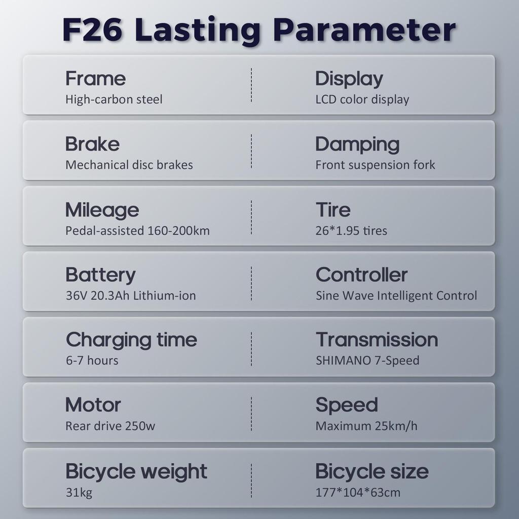 Electric Bicycle FAFREES F26 Lasting 250W Motor 36V20.3Ah Battery 26*1.95'' Tires 25km/h Max Speed 140km Range SHIMANO 7 Speed
