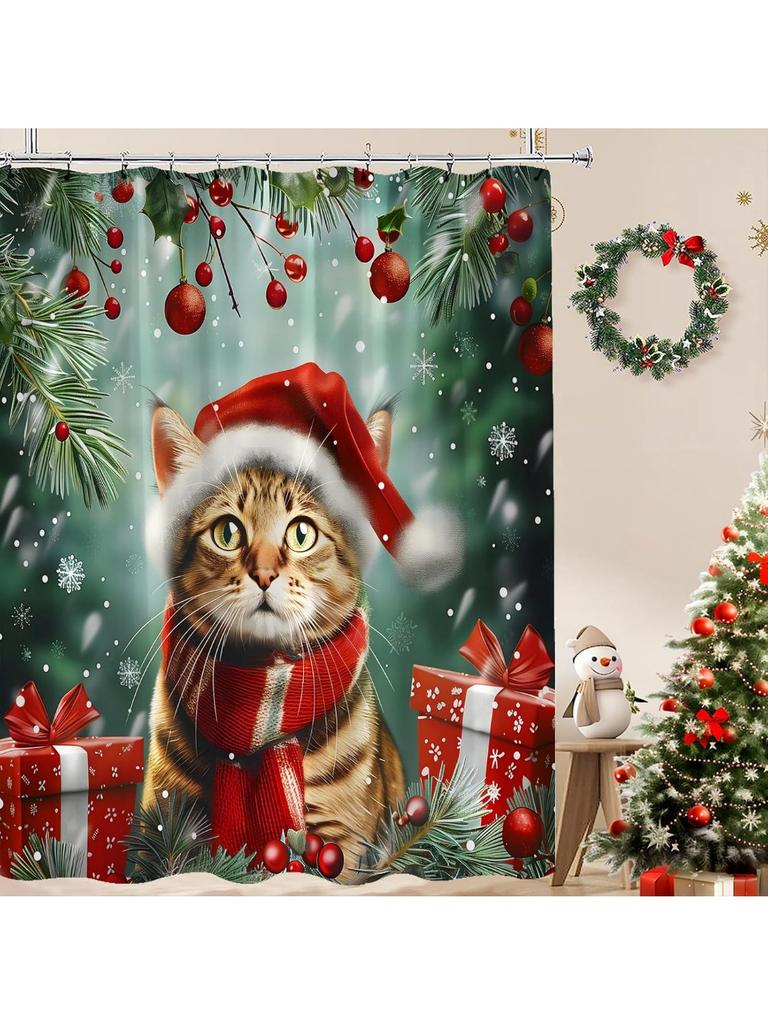 Christmas Shower Curtain Cute Cat Red Xmas Ball Snowy Pine Tree Leaves Snowflake Snow Winter Forest Nature Scene Funny