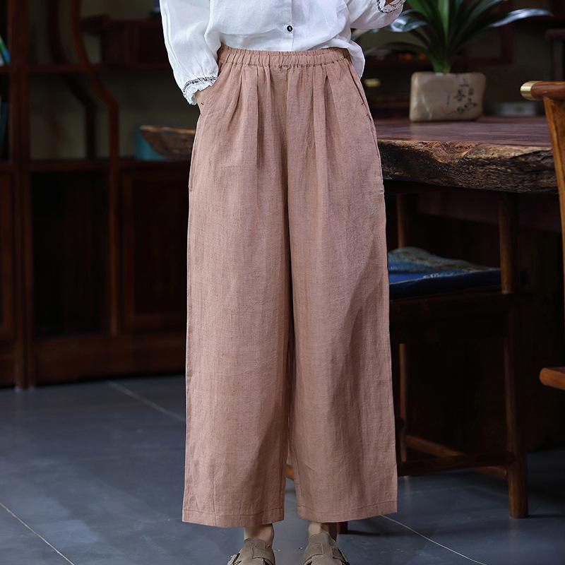 

2026 Summer Orange Ink Dye Linen Women s Wide-Leg Cropped Pants with Elastic Waist L (130-150cm) светло-коричневого