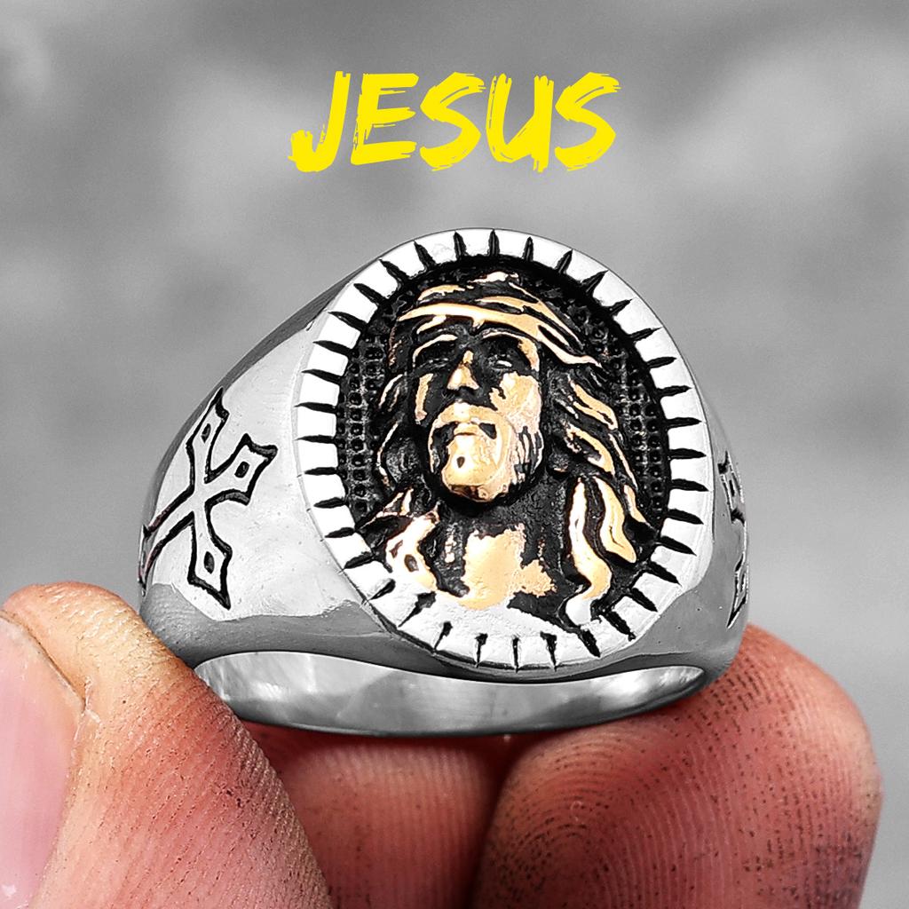 Gud Jesus Religion Kors Rostfritt Stål Herrringar Trendig Punk Amulett för Manlig Pojkvän Smycken Kreativitet Gåva