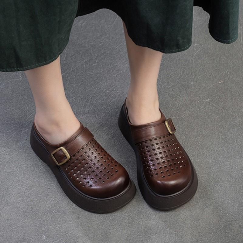 Johnature Sandales pour femmes, semelles épaisses, bout rond, ajourées, respirantes, en cuir véritable