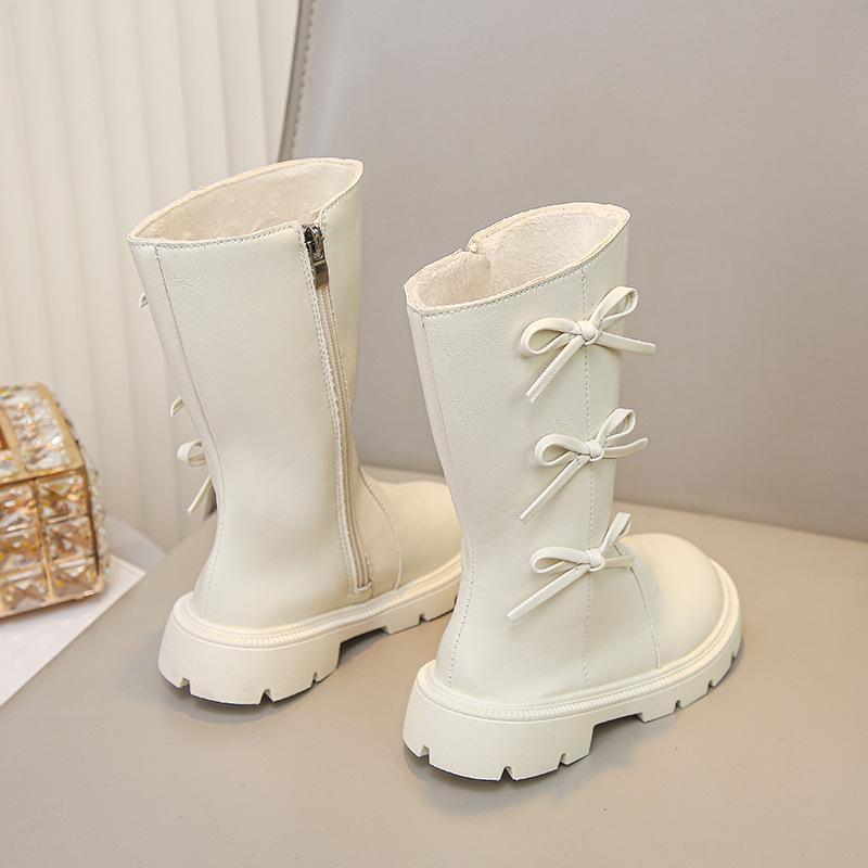 2025 Autumn/Winter Girls' High Leather Boots - Stylish Bow Princess Martin Style