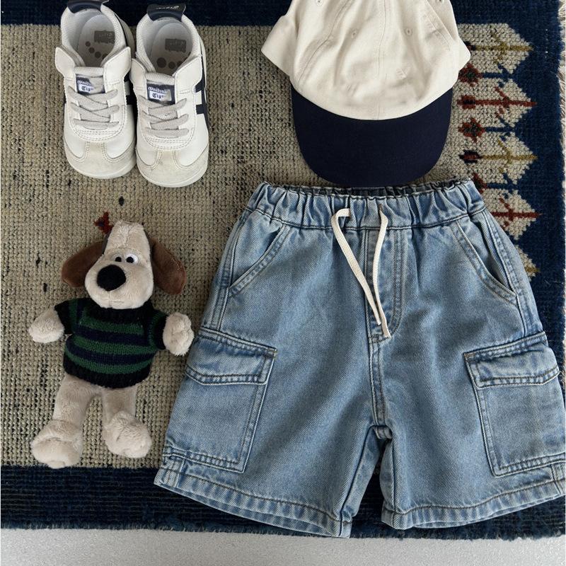Jungen Mädchen Denim Shorts Sommer Elastischer Bund Kordelzug Einfarbig Tasche Cargo Jeans Baby Jungen Freizeithorts