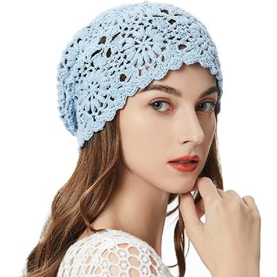 Berretto slouchy da donna in cotone all'uncinetto Berretto con teschio floreale estivo ritaglio fatto a mano in maglia