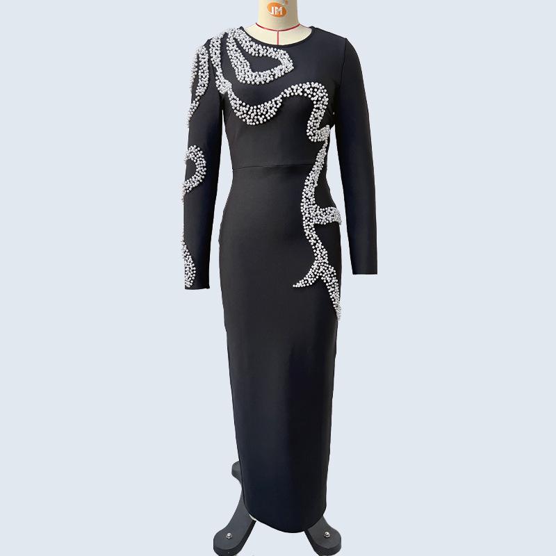Black Diamond-Studded Long-Sleeve Bandage Dress S чёрный