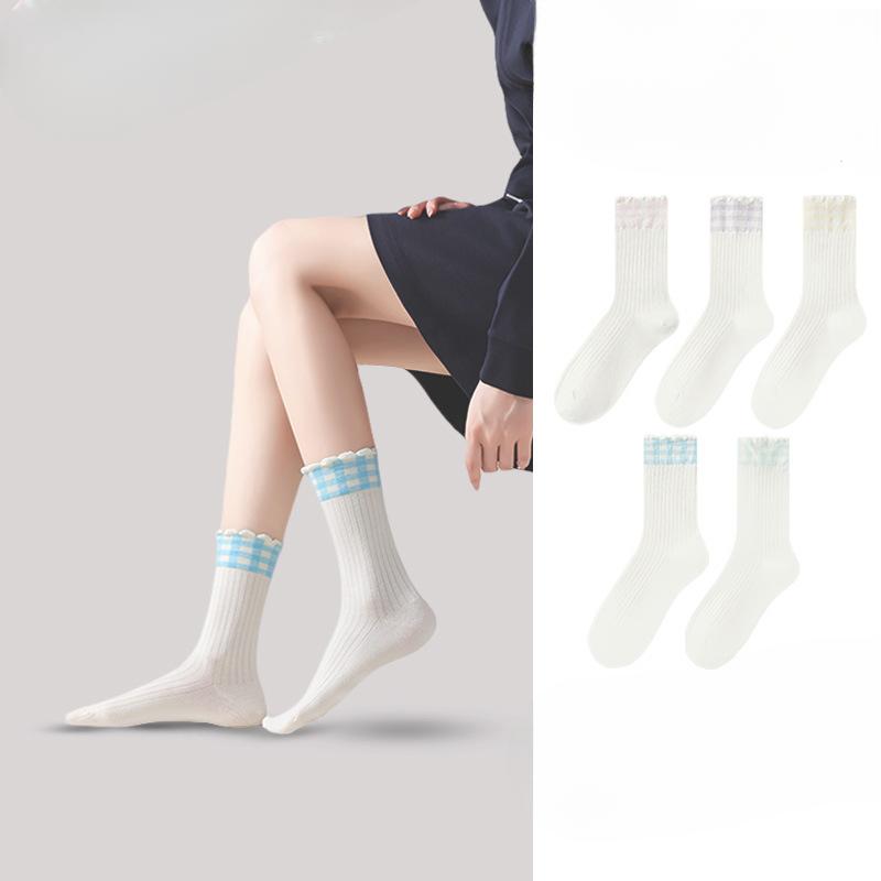 Female Autumn and Winter New Style All Match Match Color Plaid Lace Boneless In Tube Socks