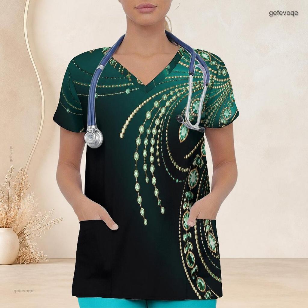 Women Plus Size Black Gold Geometric Printed Scrub Top V Neck Short Sleeve With Front Pockets
