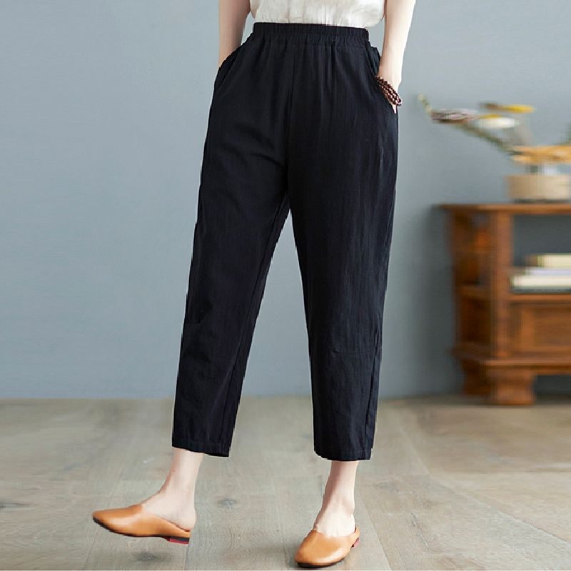 M-4XL Sommerhose mit elastischer Taille für Damen, lässig, einfarbig, Baumwolle und Leinen, knöchellang, Hose für Damen, hochwertige Baggy-Hose