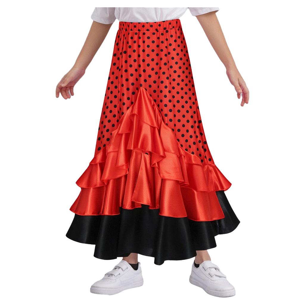 Mädchen Flamenco Tanzrock Pünktchenmuster Rüschenlagen Elastischer Bund Langer Rock Spanisches Bühnenoutfit