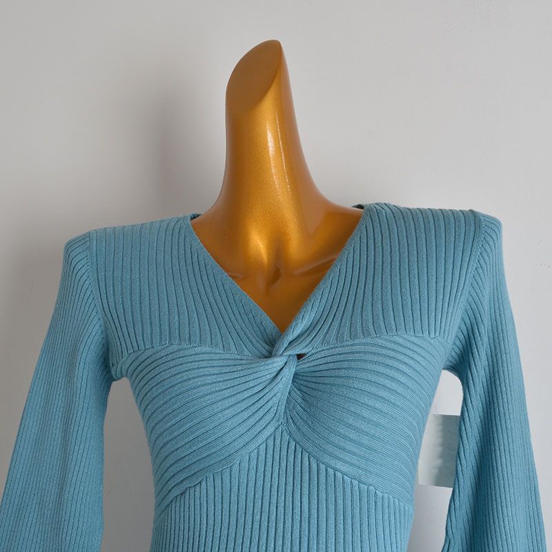 Western Style Gyaru Sexy V-neck Twisted Lantern Sleeve Knitted Dress Women Clothes Spring and Autumn Slim Fit Slimming One-Step Skirt