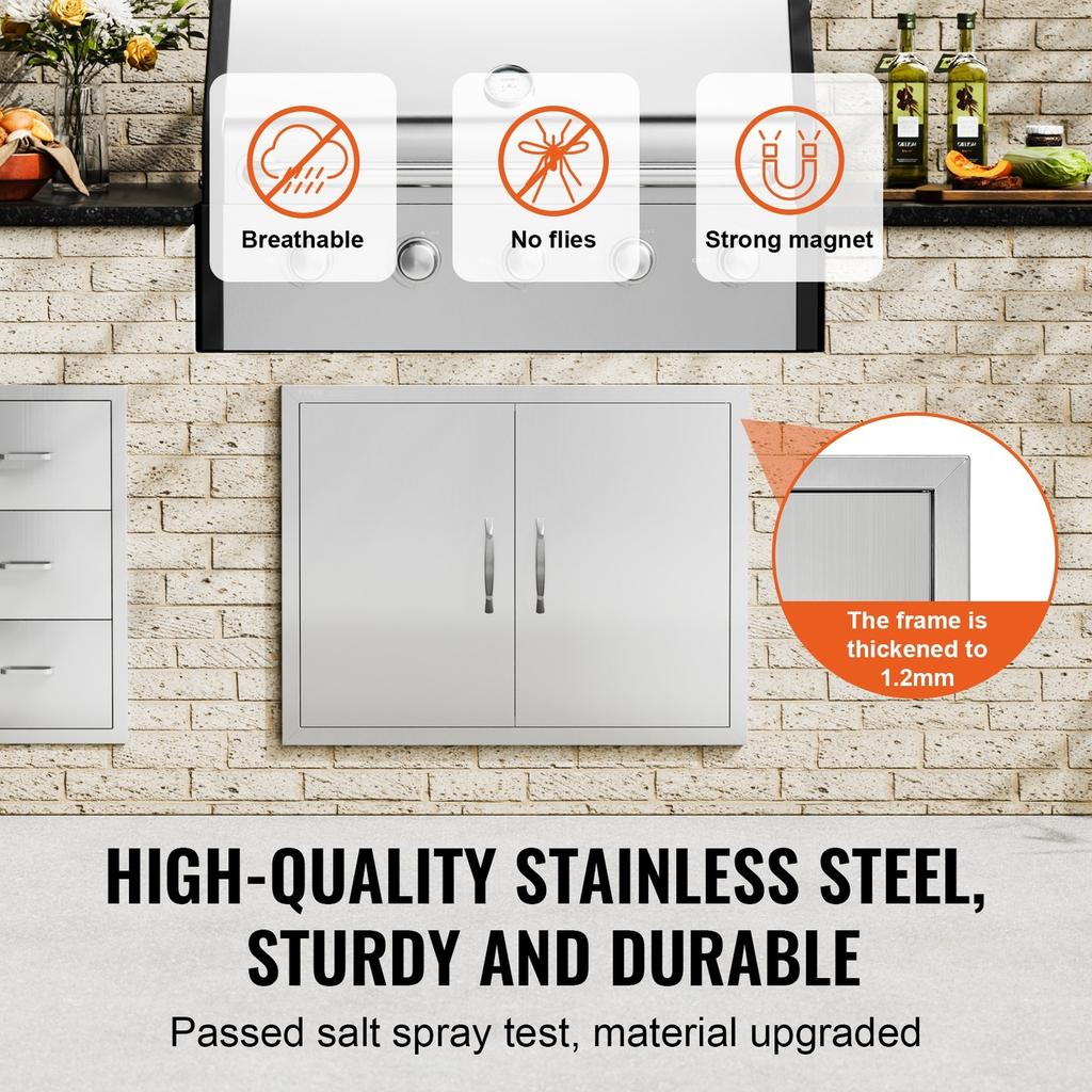 BBQ Access Door, 787x609 Mm Double Outdoor Kitchen Door, Stainless Steel Flush Mount Door, Double Wall Vertical Door with Handles and Hooks, for BBQ