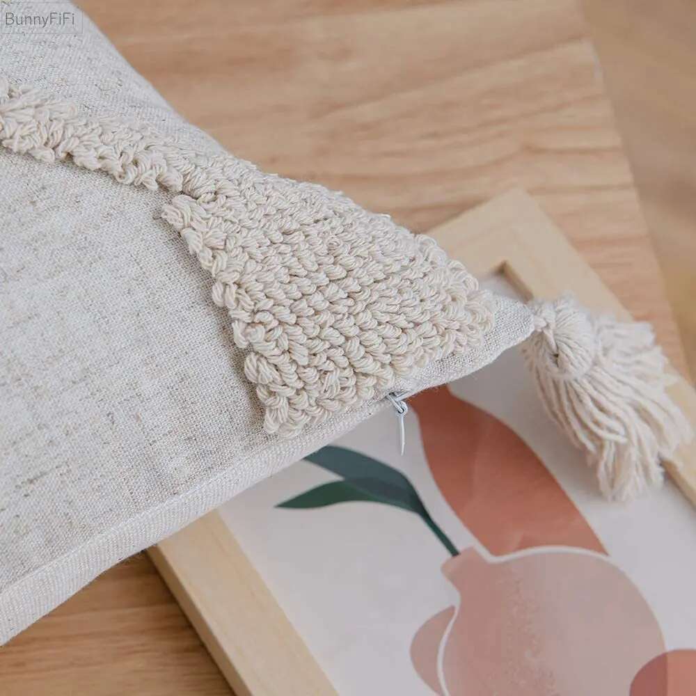 Boho Linen Cushion Cover 45x45cm / 30x50cm – Beige Neutral Tassel Throw Pillow Case for Living Room, Bedroom Decor