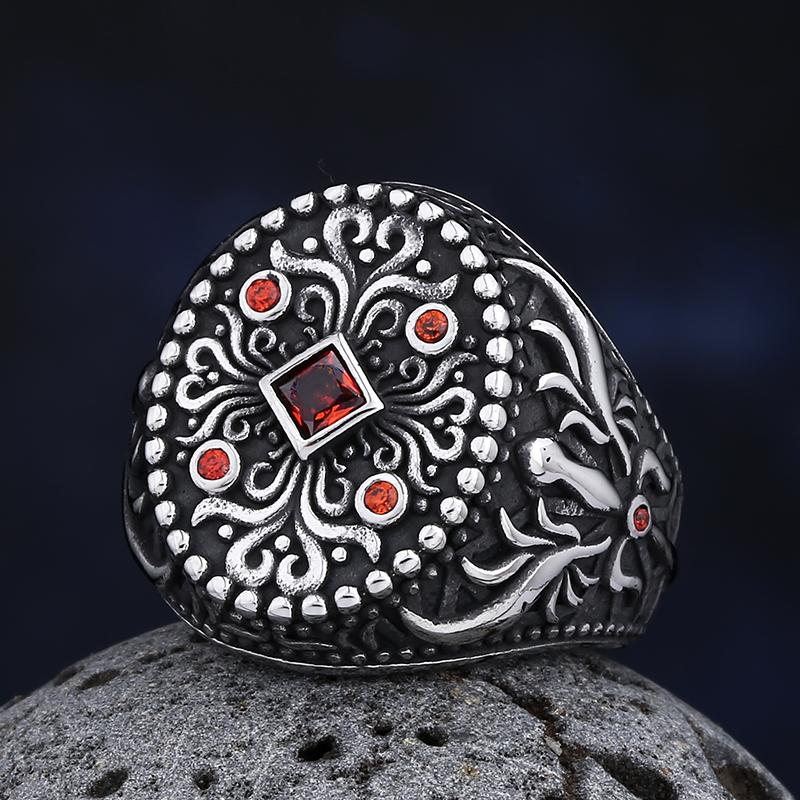 New 316L Stainless Steel Retro Turkish Signet Pattern Totem Rings With Red&Black Inlay Zircon For Man Punk Motor Biker Jewelry