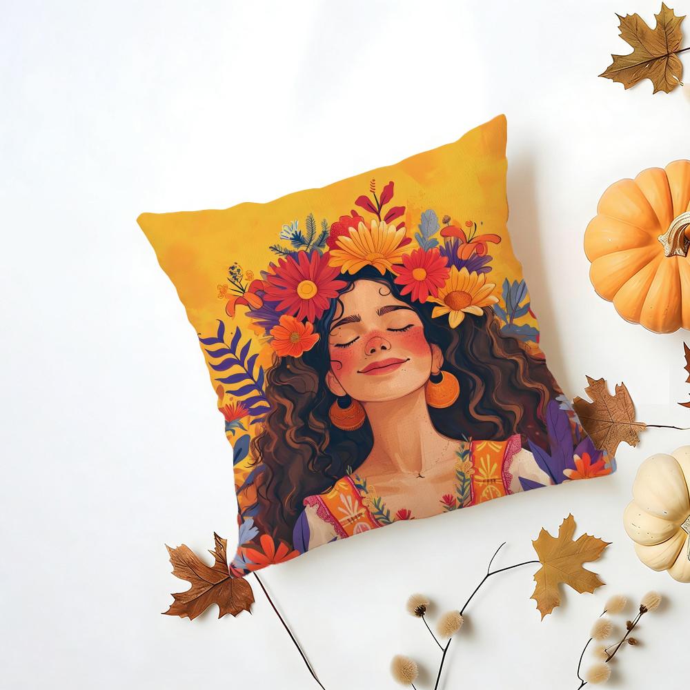 Casual Romantic Dreamy Flowers Girl Hairs Cushion Cover Washable Linen Pillowcase Soft for Daily Sofa Bed Home Room Decor
