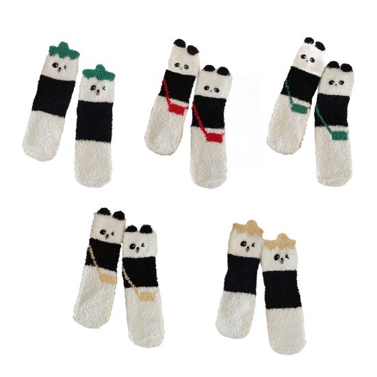 1/5 Pairs Sleeping Socks Cartoon Panda Design Thickened Coral Velvet Warm Winter Socks Mid-Tube Floor Socks