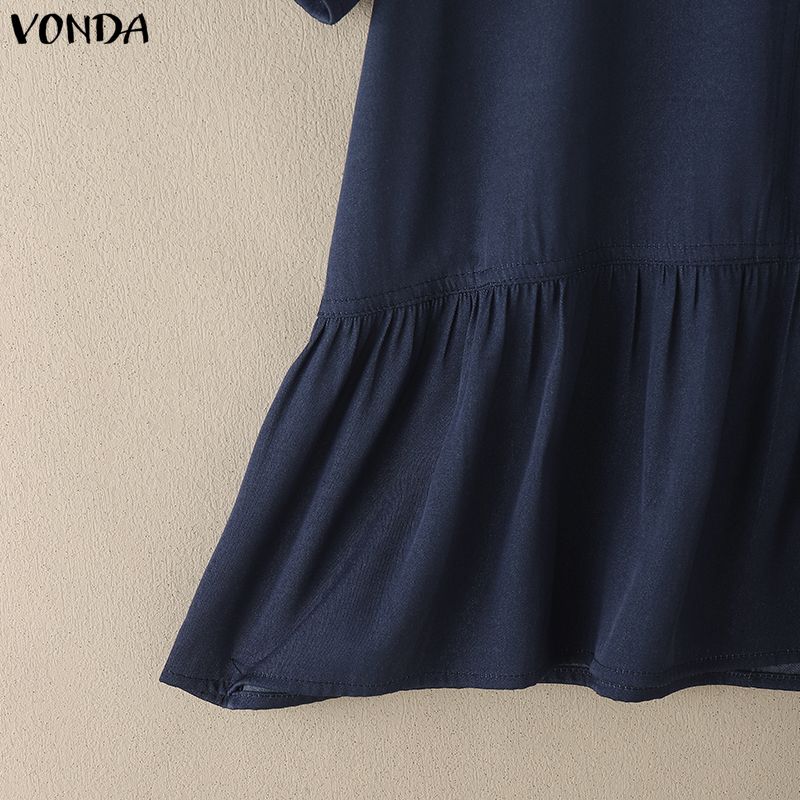 VONDA Women Lace Hem Round Neck Casual Short Sleeve Ruffled Blouse