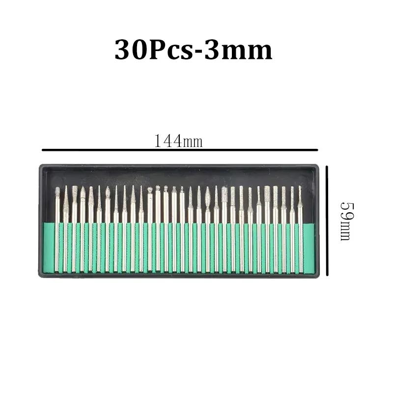 30Pcs 3/2.35mm Shank Diamond Burs Set Diamond Grinding Needles Hand Tools for Engraving Glass Ceramic Polishing Sanding