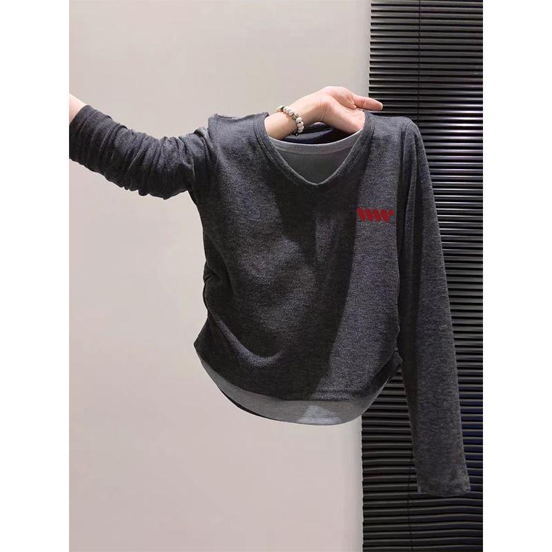 2026 Women’s V-Neck Long-Sleeve Cotton Layered-Look T-Shirt - Korean Casual Style L