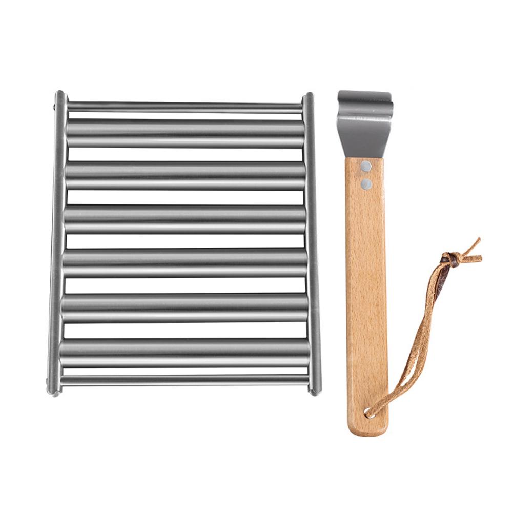 Stainless Steel Hot Dog Roller with Long Wood Handle Sausage Roller Rack BBQ Griller for Outdoor Cooking Barbecue