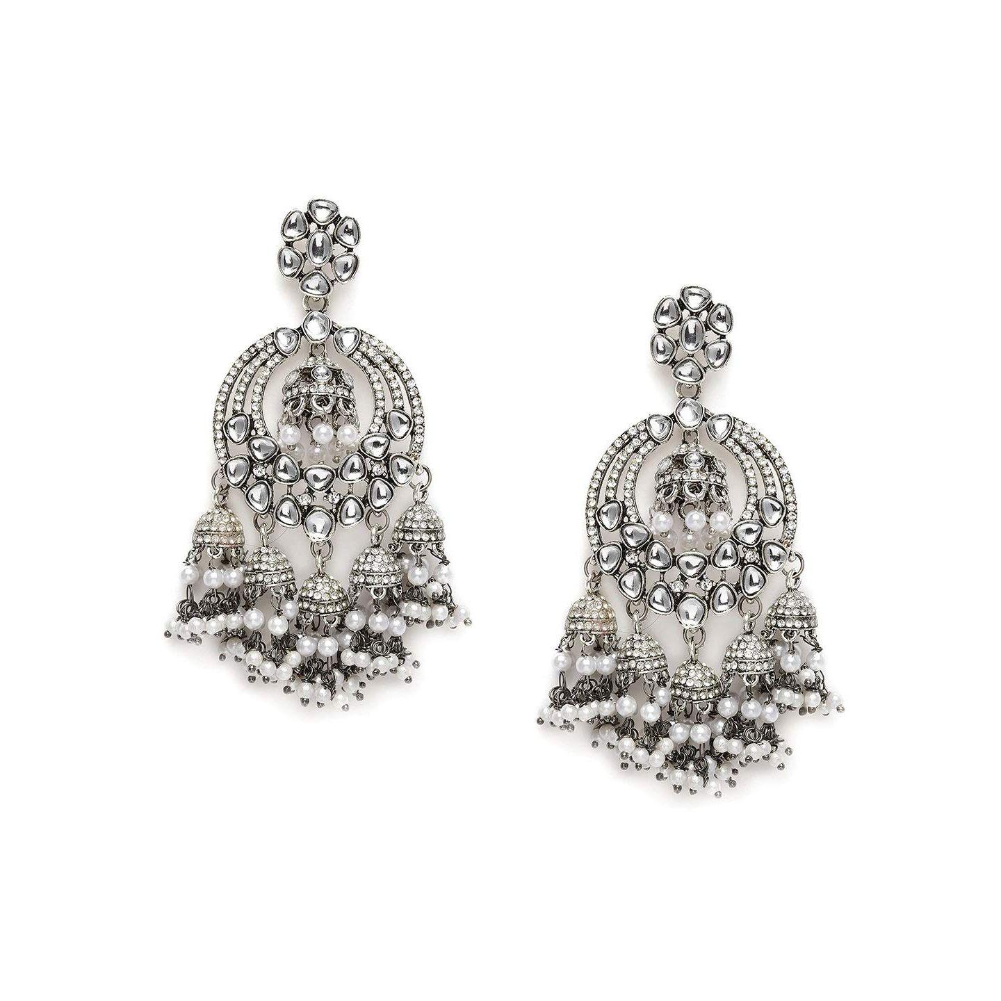 Женские серьги-капли Jhumki Drops из антикварного серебра с кунданом и австрийскими бриллиантами