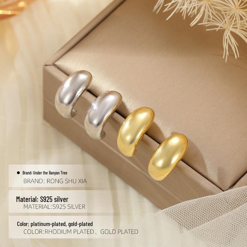 Boucles d'oreilles créoles en argent S925 Banyan Tree Gold en forme de C: Style Européen & Américain pour Automne/Hiver