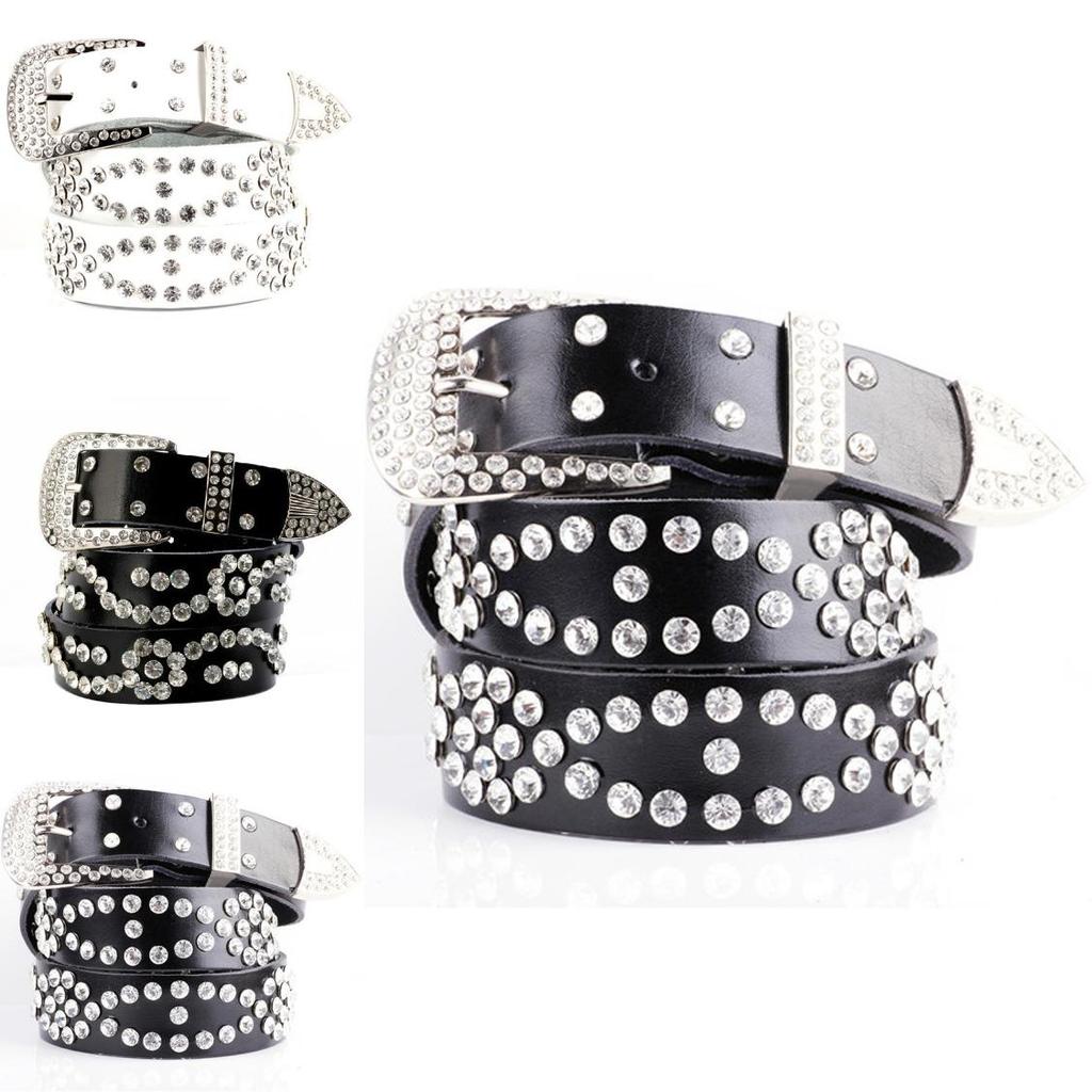 Fashionable Leather Belt For Women With Rhinestone Pattern And Adjustable Pin Closure