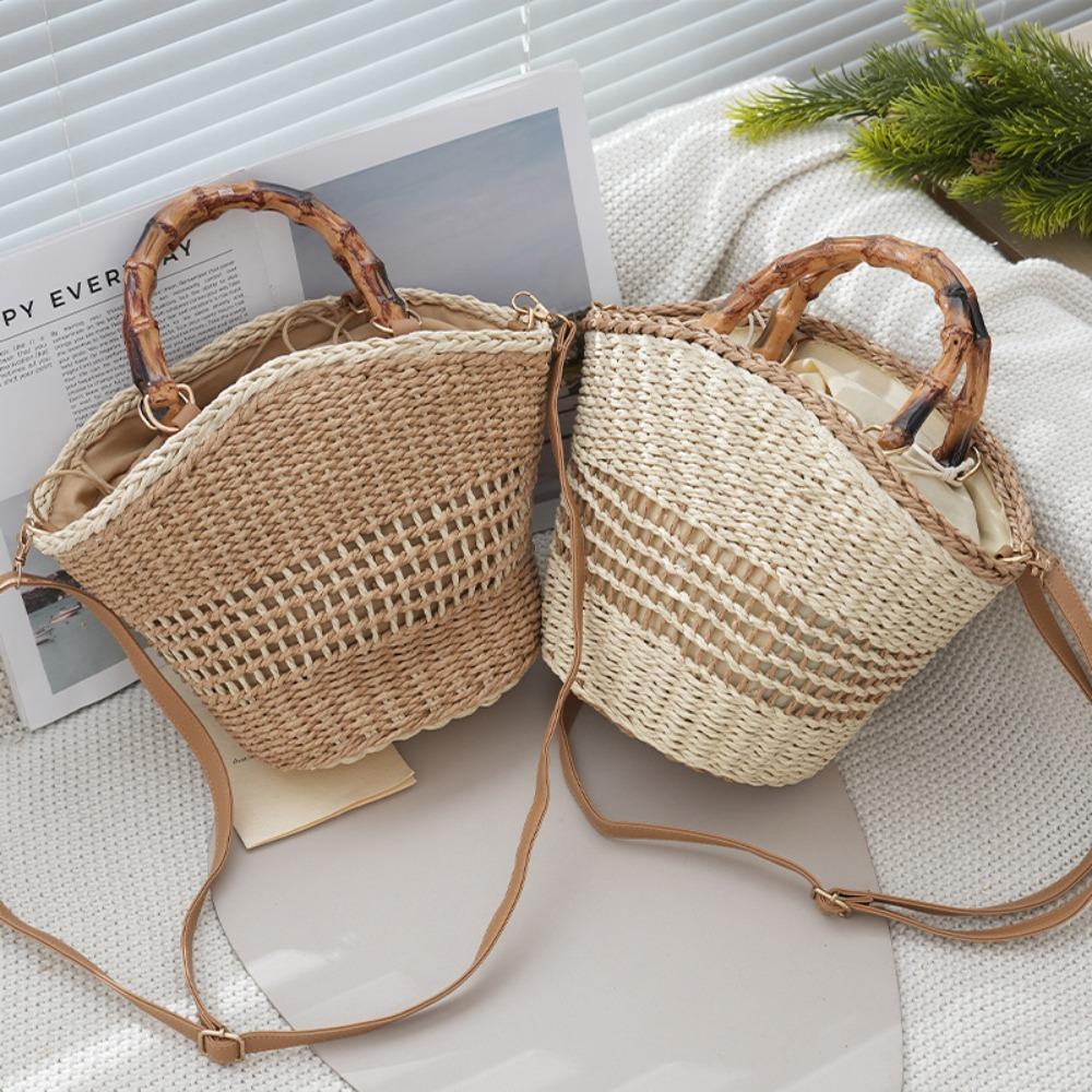 Large Capacity Weave Straw Bag Casual Woman Handbag Ins Bucket Shoulder Bag  Holiday