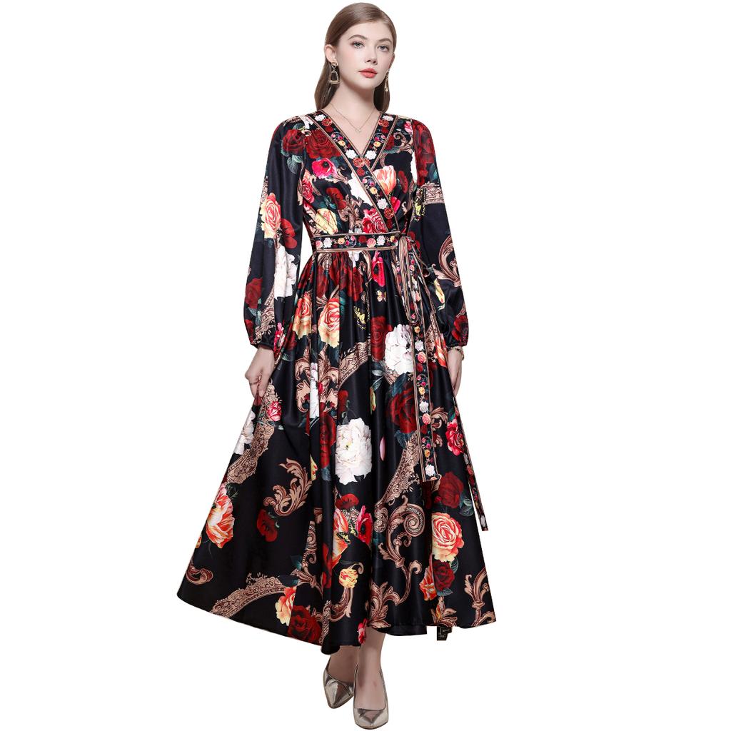 Bohemian Floral Printed Long Dress for Women Fashion V-neck Long Sleeve Oversized Maxi Dress Lady 2026 Chic Vacation Dress Robes