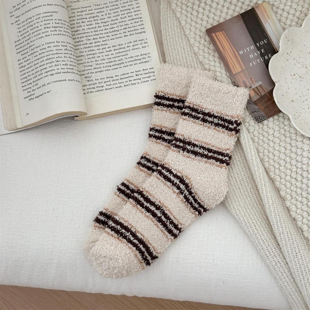 Non-Shedding Ladies Coral Fleece Striped Sleep Socks - Soft Home Slipper Socks
