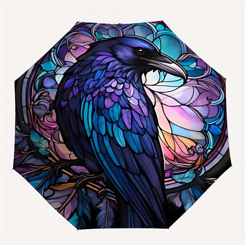 

1pc Stained Raven Glass Compact Travel Leisure Umbrella, Automatic Folding Lightweight Windproof 8-Bone Reinforced Design, Portable for Back