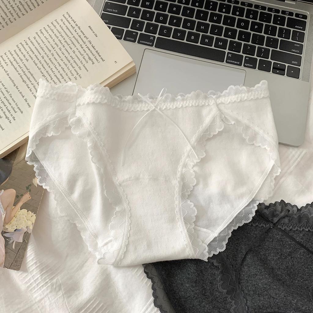 Female Spring and Autumn Sexy Pure Desire Lace Edge Bowknot Pure Cotton High Split Triangle Briefs