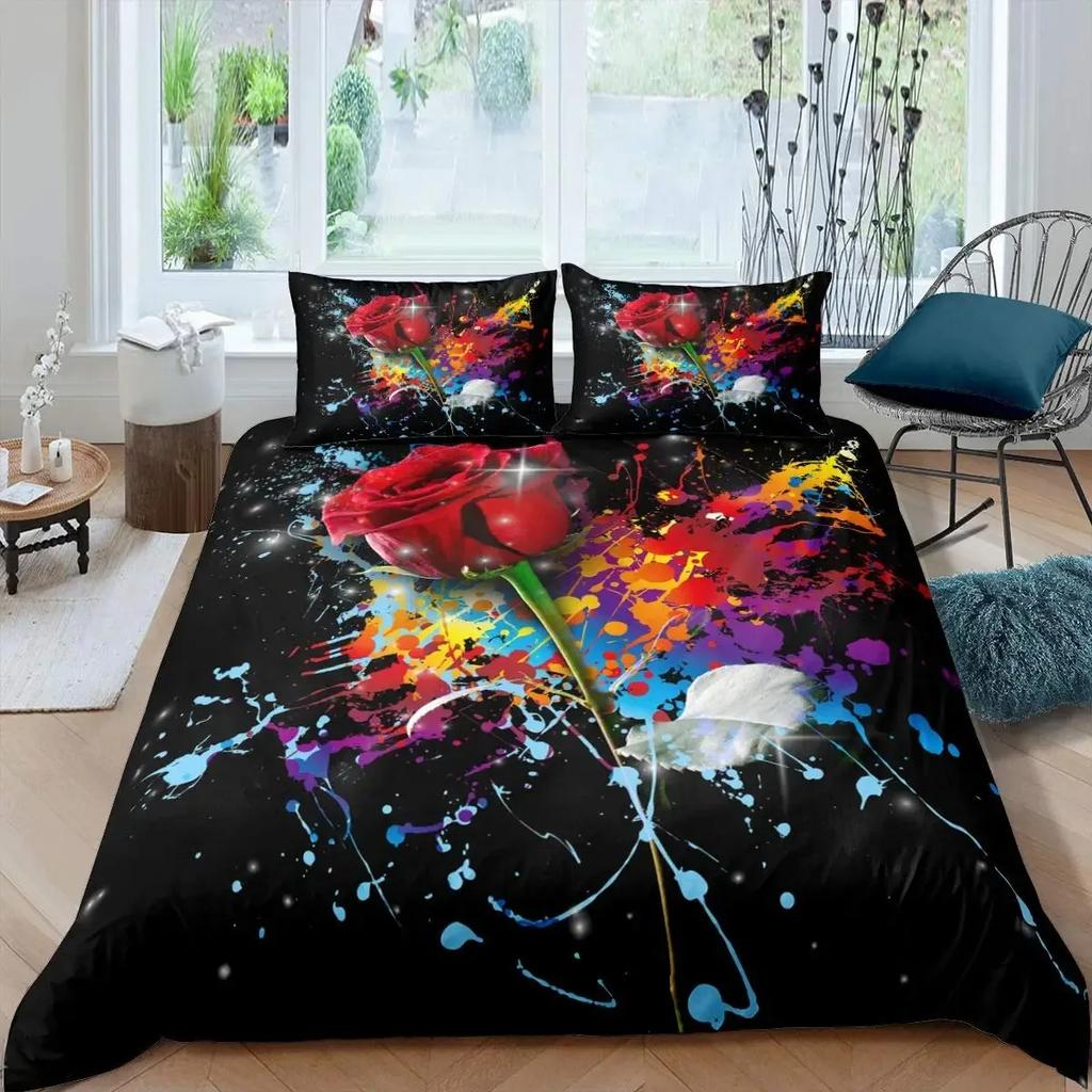 Girls Rainbow Rose Duvet Cover Set Colorful Rose Floral Bright Flowers Petal Comforter Cover Garden Fresh Bedding Sets Full Size