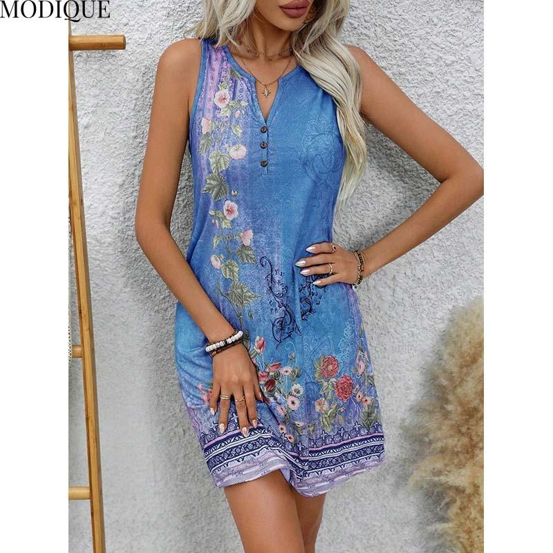 MODIQUE 2025 Summer New Women's Sexy Hot Tank Top Gradient Floral Print Sleeveless Short Dress Ladies Casual A-Line Notched V-Neck Dress