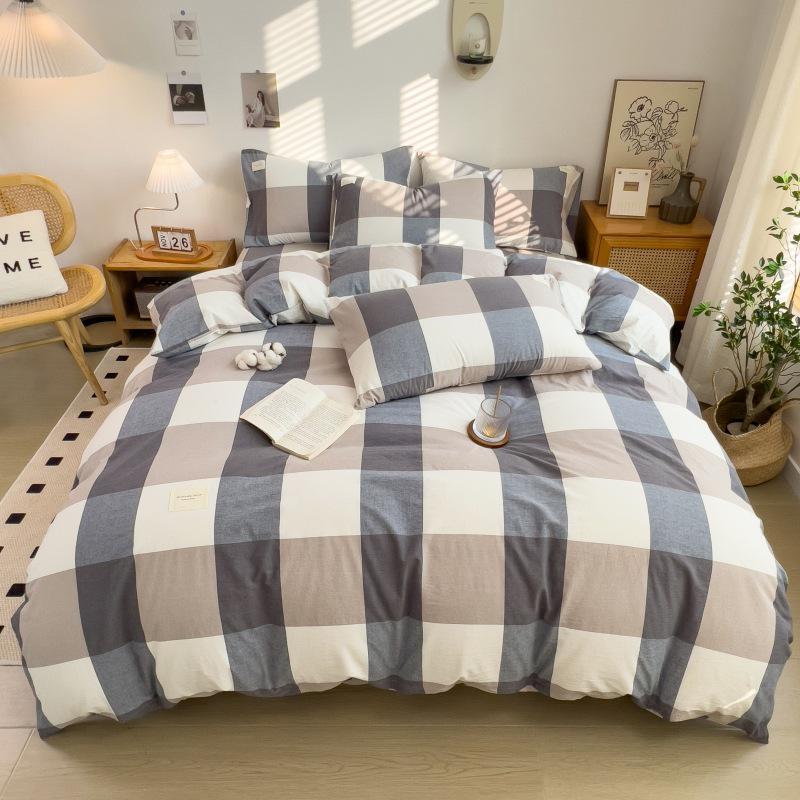 Muji-Inspired Plaid Water-Washed Cotton Duvet Cover Set - Minimalist Brushed Four-Piece Bedding Set