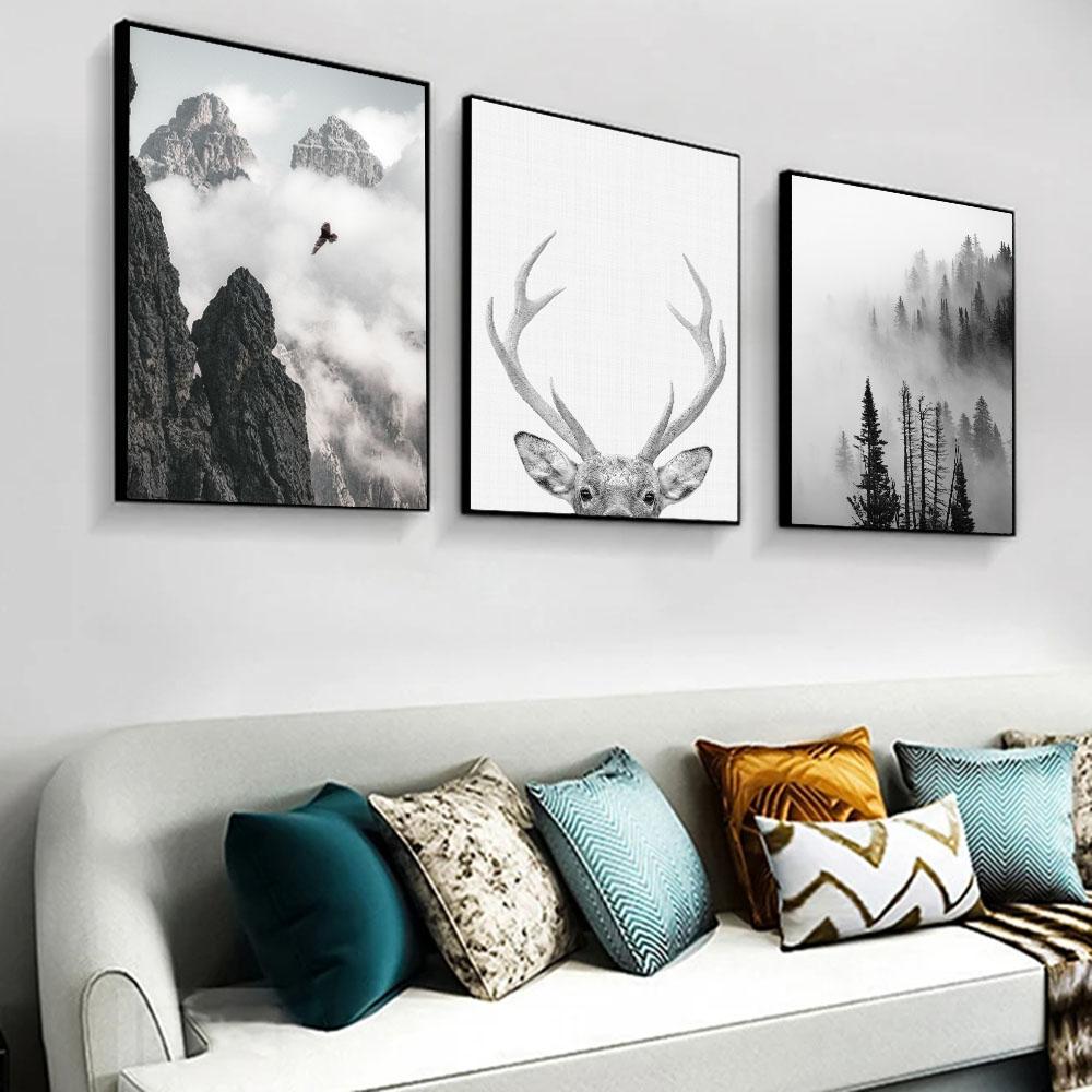Lesní Jelen Orel Černobílý Krajina Plakát Skandinávská Minimalistická Malba Severské Nástěnné Umění Obrázek Plátno Tisky Pokojová Dekorace