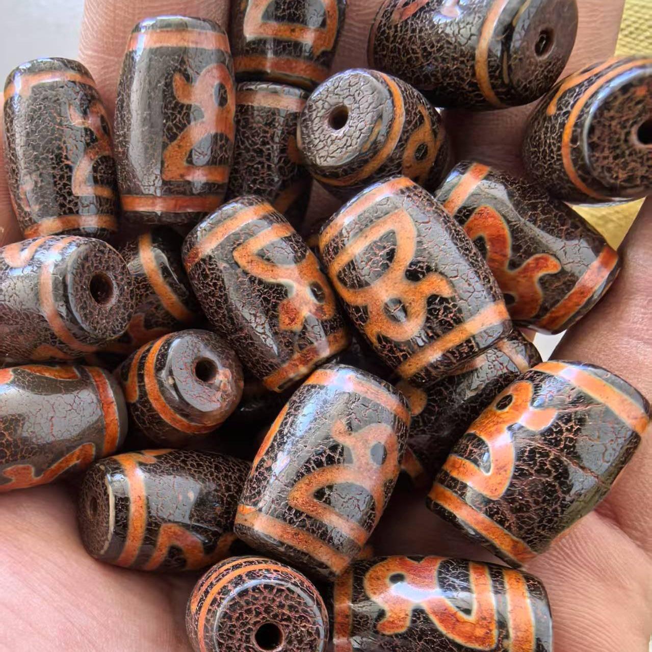 Natural 15×22mm Tibetan Dzi Beads with Orange Peel Pattern and Yellow Wealth God Design 2023-7-29-1203