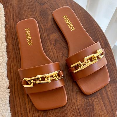 Reťazové dámske papuče Letné ploché vonkajšie luxusné sandále so štvorcovou špičkou Dámske šľapky Nový kórejský trend Veľká veľkosť 35-42