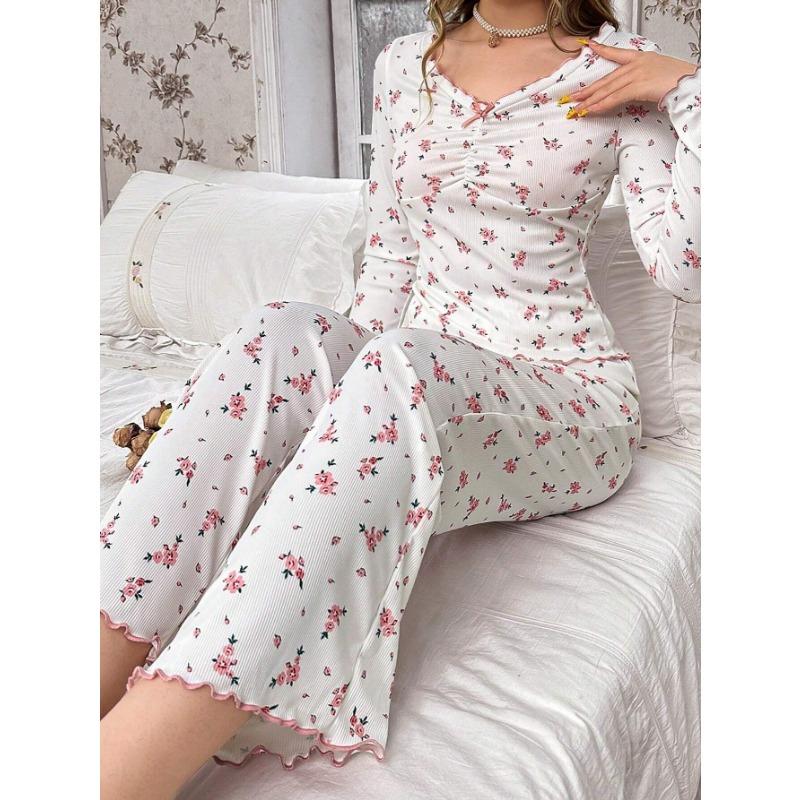 European American Style Sexy Casual Long Sleeve Long Pants Two Piece Pajama Set For Women