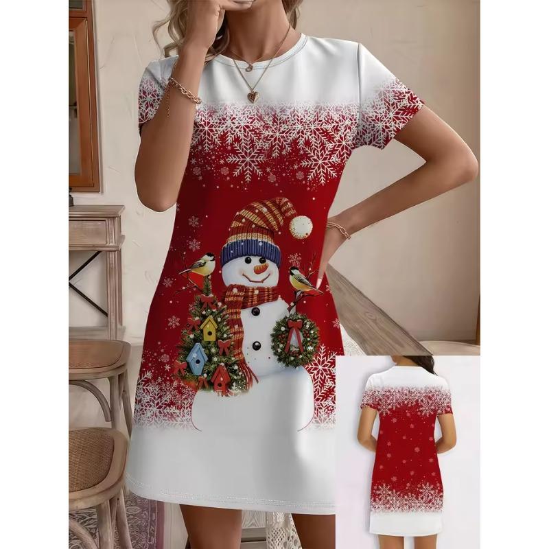 Women'S Christmas Snowman Print Dresses Cozy Red Striped Dress with Snowman Dress O Neck All-Season Comfort Y2k Ladies Clothes