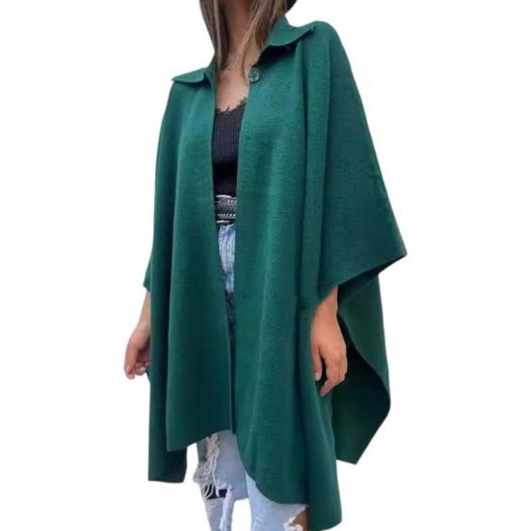 

Women Cape Jacket Cardigan Fall Spring Coat Dolman Sleeve Turn down Collar Loose Open Stitch Irregular Hem Solid Color Dating Commuting Poncho M зелёный