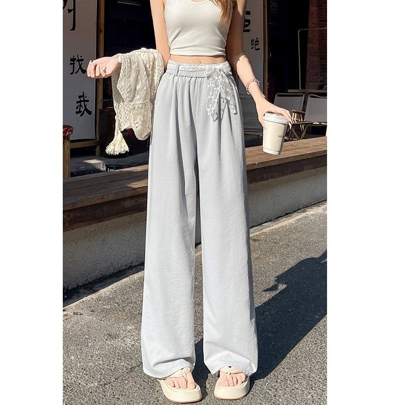 

Кружевной пояс Широкие брюки для женщин Летом Ледяной шелк Хлопок Лен Высокая талия Стройнящие Повседневные Ленивые Прямые брюки 2XL