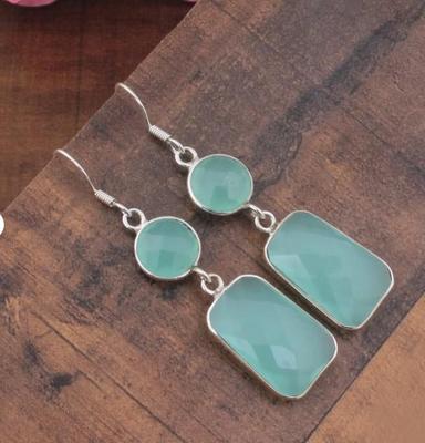 Chalcedon-Silberohrring, Edelstein-Tropfen-Ohrhänger, handgefertigter Schmuck, massiver 925er-Sterlingsilber-Schmuck, Geburtstagsgeschenk, Weihnachtsgeschenk