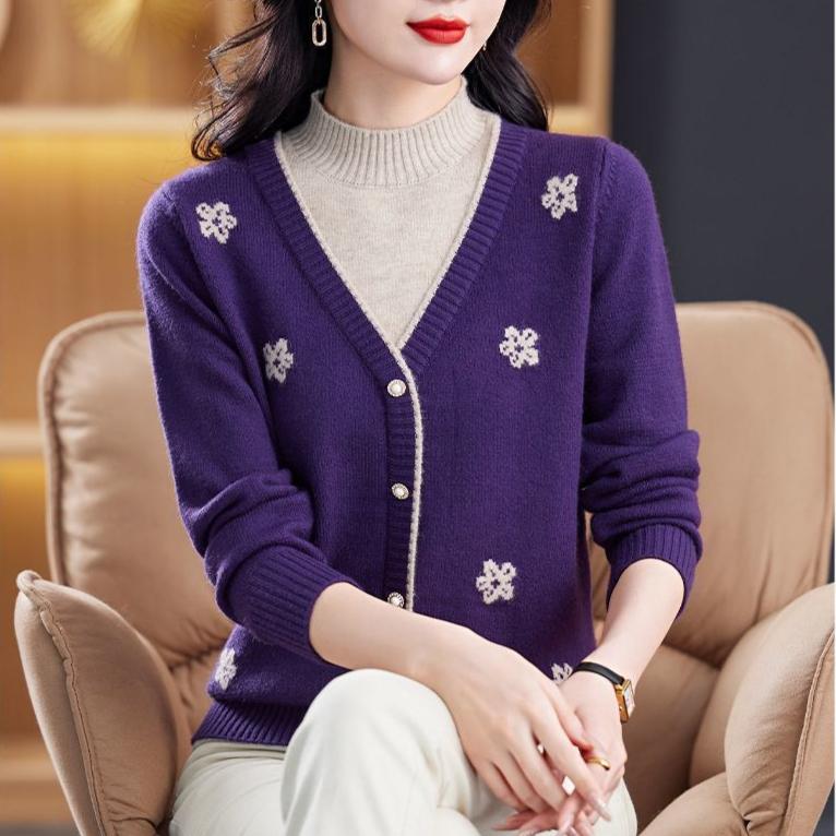 Women's Semi-turtleneck Sweater Autumn Winter Thickened Printed Color-block Knit Sweater Loose Jacquard Pullover Knit Top Outwear