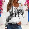 Women Plus Size Asymmetric Cutout Neck Cold Shoulder Long Sleeve Black White Printed Fitted Top