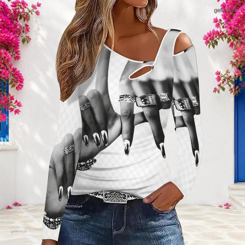 Women Plus Size Asymmetric Cutout Neck Cold Shoulder Long Sleeve Black White Printed Fitted Top