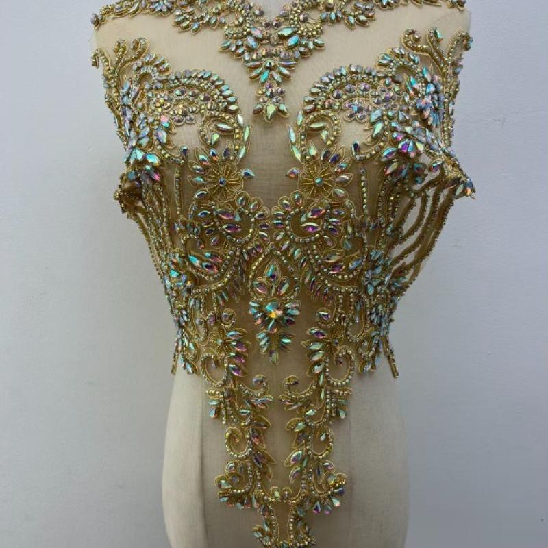 22 Colors Hand-Sewn Glass Rhinestone Beaded Embroidered Mesh Applique Patches for Dress Decoration Clothing Accessories