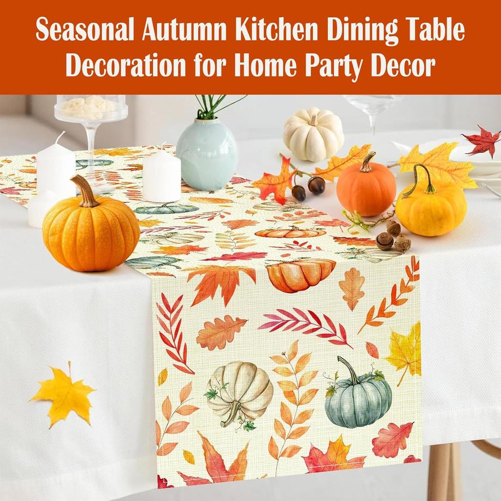 Pumpkin Buffalo Plaid Fall Table Runner, Fall Maple Leaves Kitchen Dining Table Runner Decoration for Thanksgiving Party Decor 13x72 Inch
