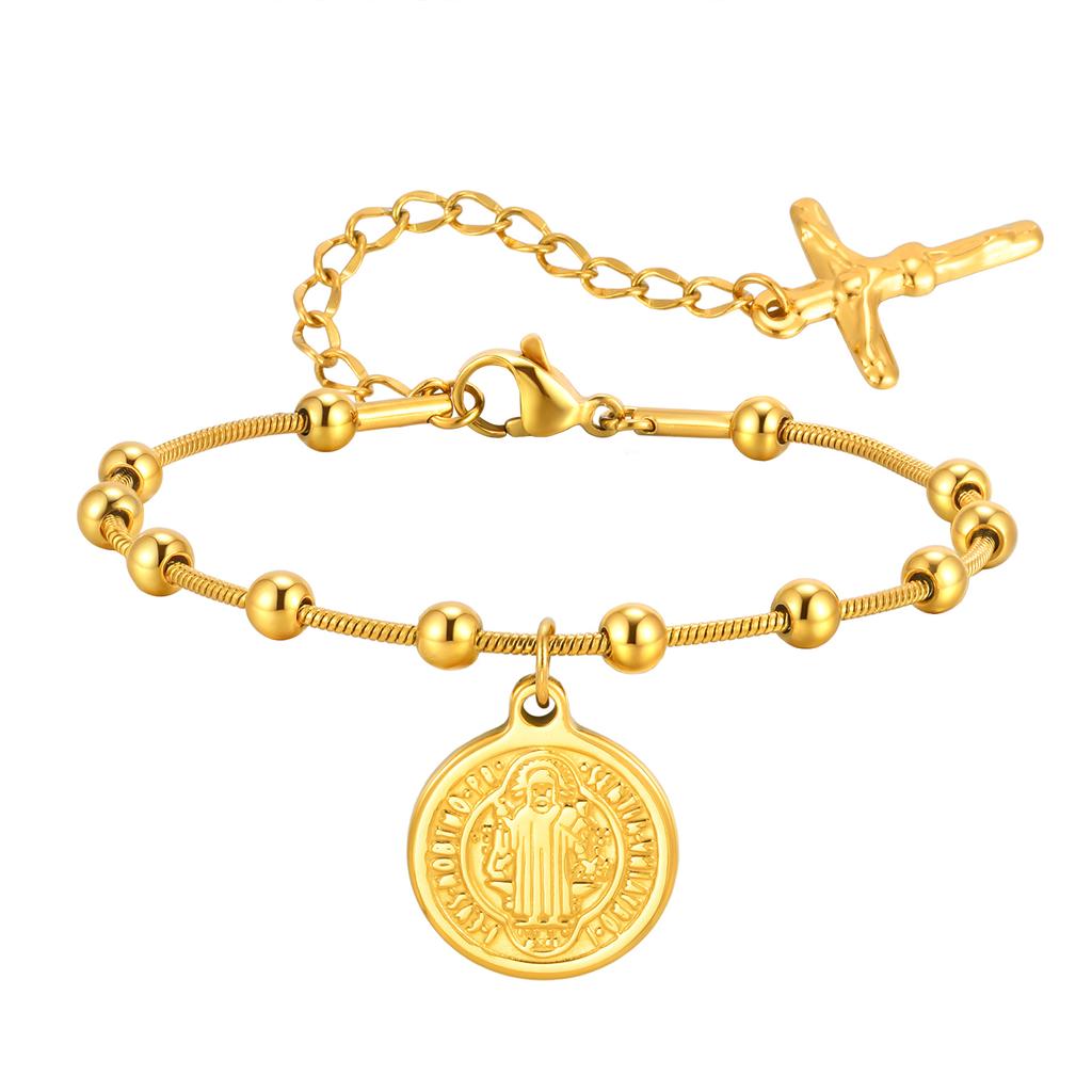 Edelstahl Jungfrau Maria St. Benedikt Kreuz Armband, Perlenkette Armband Damen Religiöser Schmuck